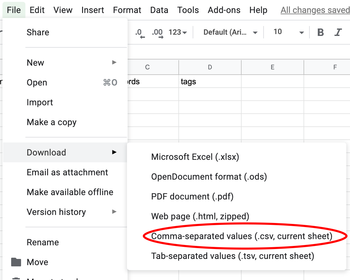 picture of the dropdown option for creating a csv sheet