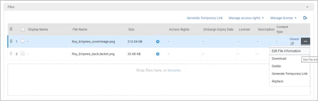 A screenshot of the 'files' section of a verso asset, displaying a button on the right which creates a dropdown including 'edit file information'